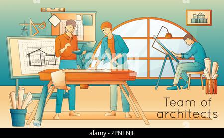 Architects working on architectural projects in office flat vector illustration Stock Vector
