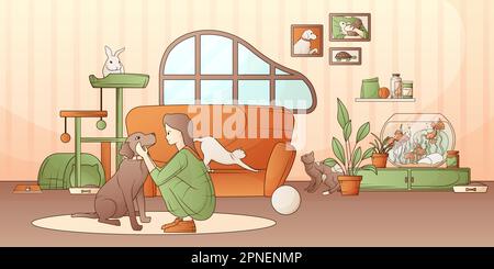 Woman spending time with her pets dog cats rabbit and fish in living room flat vector illustration Stock Vector