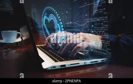 Heart love health ai tech code and cyber dating symbol and man typing computer keyboard. Hands on laptop. Network, cyber technology and background abs Stock Photo