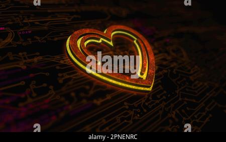 Heart love health ai tech code and cyber dating symbol digital concept. Network, cyber technology and computer background abstract 3d illustration. Stock Photo