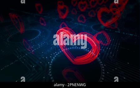 Heart love health ai tech code and cyber dating symbol digital concept. Network, cyber technology and computer background abstract 3d illustration. Stock Photo