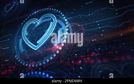 Heart love health ai tech code and cyber dating symbol digital concept. Network, cyber technology and computer background abstract 3d illustration. Stock Photo