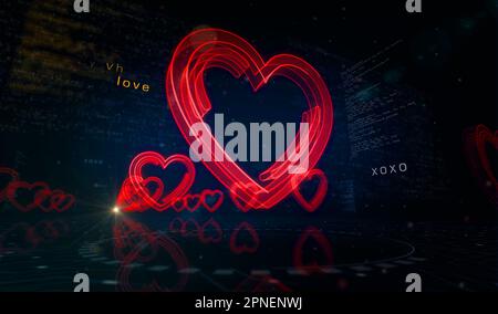 Heart love health ai tech code and cyber dating symbol digital concept. Network, cyber technology and computer background abstract 3d illustration. Stock Photo