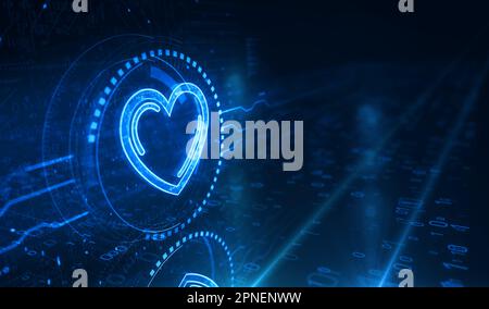 Heart love health ai tech code and cyber dating symbol digital concept. Network, cyber technology and computer background abstract 3d illustration. Stock Photo