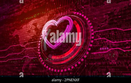 Heart love health ai tech code and cyber dating symbol digital concept. Network, cyber technology and computer background abstract 3d illustration. Stock Photo