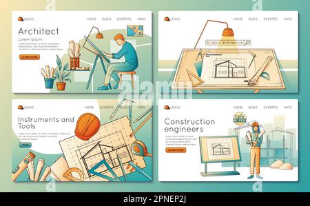 Architects and construction engineers flat website banners set with instruments for creating projects and working people isolated vector illustration Stock Vector