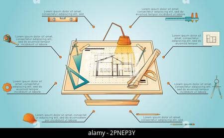 Architectural project flat horizontal infographic with architect work place instruments and tools vector illustration Stock Vector