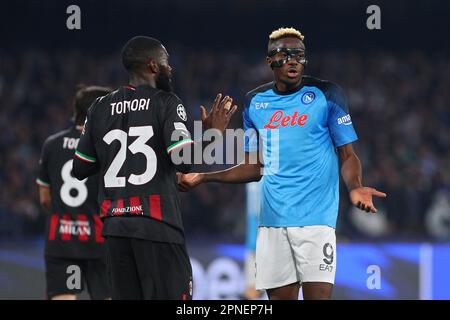 Naples, Italie. 18th Apr, 2023. Victor Osimhen of Naples reacts during the UEFA Champions League, Quarter-finals, 2nd leg football match between SSC Napoli and AC Milan on April 18, 2023 at Diego Armando Maradona stadium in Naples, Italy - Photo Federico Proietti/DPPI Credit: DPPI Media/Alamy Live News Stock Photo