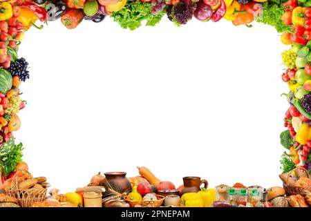 Fruits, vegetables, bread, milk and other food products in form frame isolated on white background. Stock Photo