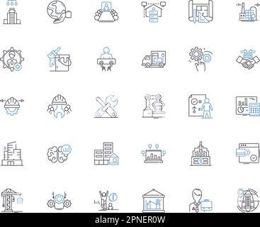 Manufacturing corporation line icons collection. Production, Assembly, Fabrication, Plant, Industrialization, Engineering, Logistics vector and linear Stock Vector