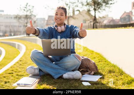 Happy mixed race lady with laptop gesturing thumbs up and smiling, sitting in park outside. I like remote e-learning Stock Photo