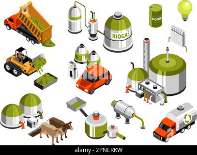 Biogas production isometric icons set with organic waste anaerobic ...
