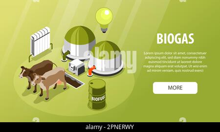 Biogas green banner advertising green energy production using livestock as sources of biofuel heat and electricity isometric vector illustration Stock Vector