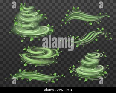 Wind swirls and vortex transparent set with magic symbols realistic ...