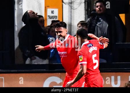 Ryan Tafazolli (6 Wycombe Wanderers) celebrates after scoring during the Sky Bet League 1 match between Cambridge United and Wycombe Wanderers at the R Costings Abbey Stadium, Cambridge on Tuesday 18th April 2023. (Photo: Kevin Hodgson | MI News) Credit: MI News & Sport /Alamy Live News Stock Photo