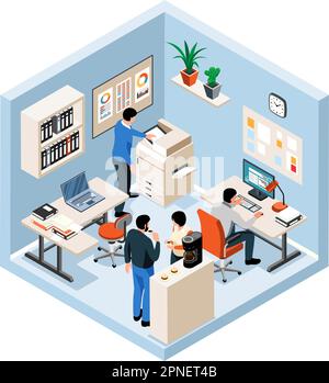 People working together on project in office room isometric colored object on white background isolated vector illustration Stock Vector