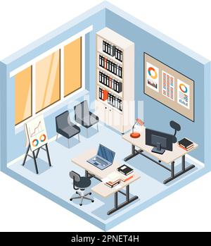 Office room with two workplaces isometric colored object on white background isolated vector illustration Stock Vector