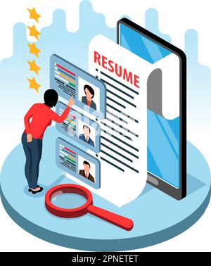 Job vacancy isolated object with female hr manager studying resume of candidates for vacant position  vector illustration Stock Vector