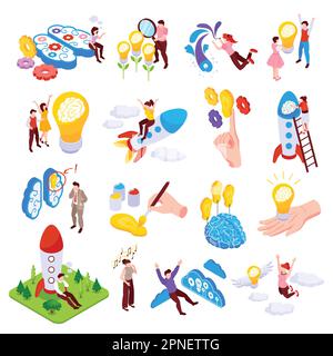 Creative thinking icons set with breakthrough symbols isometric isolated vector illustration Stock Vector