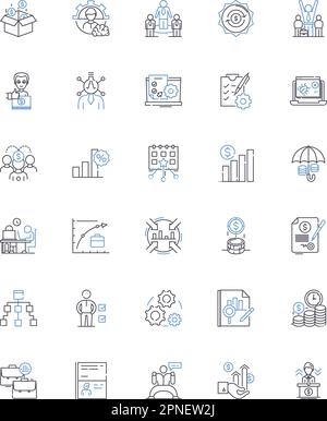 Technological advancement line icons collection. Automation, Robotics, Artificial Intelligence, Quantum Computing, Nanotechnology, D Printing Stock Vector