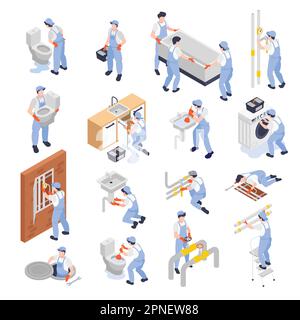 Plumber icons set with work symbols isometric isolated vector illustration Stock Vector