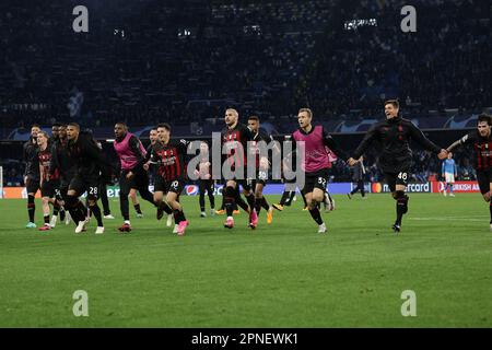 Naples, Italy. 18th Apr, 2023. Milan players celebrate at the end of the Champions League football match between SSC Napoli and AC Milan at Diego Armando Maradona stadium in Naples (Italy), April 18th 2023. Credit: Insidefoto di andrea staccioli/Alamy Live News Stock Photo
