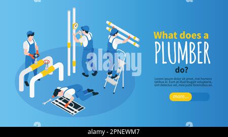 Plumber horizontal banner with career and job symbols isometric vector illustration Stock Vector