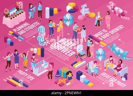 Baby shower flowchart with celebration and etiquette symbols isometric vector illustration Stock Vector