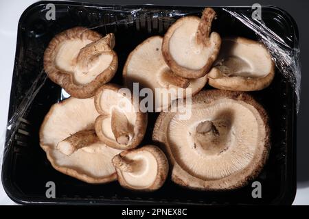 Shiitake Mushroom in black package on white background in macro shot Stock Photo