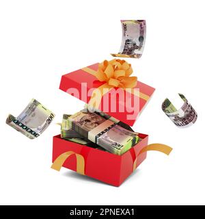 Botswanan Pula notes inside an open red gift box. Botswanan Pula inside and flying around a gift box. 3d rendering of money inside box isolated on whi Stock Photo