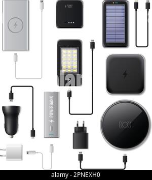 Powerbank realistic icons set with battery charger and cables isolated vector illustration Stock Vector