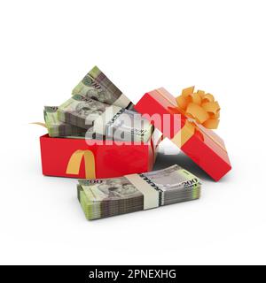 Stack of Botswanan Pula notes inside an open red gift box. Bundles of Botswanan Pula inside a gift box. 3d rendering of money inside box isolated on w Stock Photo