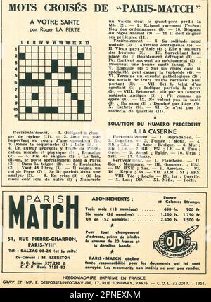 Mots croisés, crossword puzzle in a Paris Match magazine March 24 1951 Stock Photo