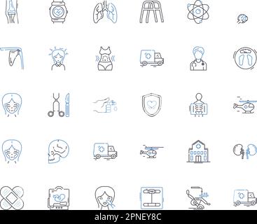 Physical assessment line icons collection. Palpation, Auscultation, Inspection, Percussion, Range-of-motion, Strength, Flexibility vector and linear Stock Vector