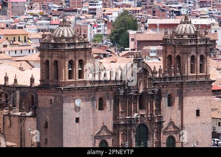 Cusco cathedral dome exterior view with building background in Plaza de Armas Cusco.  Selective focus. Stock Photo