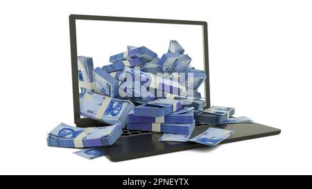 3D rendering of new Nigerian naira notes coming out of a Laptop monitor isolated on white background. stacks of Naira notes inside a laptop. money fro Stock Photo