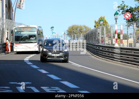 Monte-Carlo, Monaco - April 16, 2023: Front view of a Peugeot 3008 SUV driving down the iconic Ostend Avenue, part of Formula 1 Grand Prix track, pre- Stock Photo