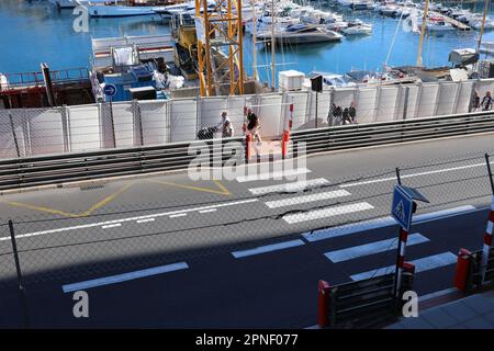 Monte-Carlo, Monaco - April 16, 2023: Iconic Ostend Avenue in Monaco, showcasing the straightaway for the Formula 1 Monaco Grand Prix, with safety bar Stock Photo