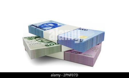 3d rendering of Stack of 1000 Nigeria Naira notes. bundles of Nigerian currency notes isolated on white background Stock Photo