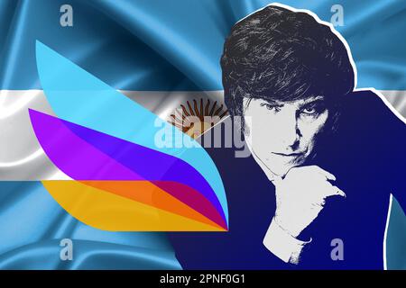 Javier Milei, Argentine flag and Libertarian Party logo Stock Photo