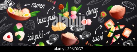 Cute asian food seamless pattern with ramen sushi dango taiyaki takoyaki on chalk board background vector illustration Stock Vector