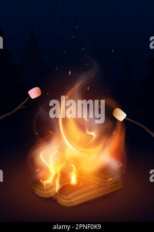 Realistic campfire with roasting marshmallows on sticks in background with night forest and starry sky vector illustration Stock Vector