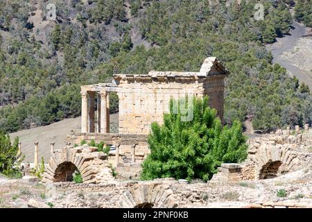 View of (Temple of Gens Septimia) in the ancient city of  Cuicul-Djemila. UNESCO world heritage site. Stock Photo