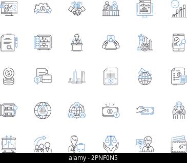 Investment vehicles line icons collection. Stocks, Bonds, Mutual funds, ETFs, REITs, Cryptocurrency, Commodity vector and linear illustration Stock Vector