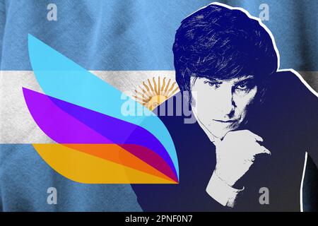 Javier Milei, Argentine flag and Libertarian Party logo Stock Photo