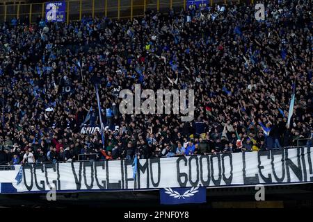 Naples, Italy. 18th Apr, 2023. Supporters of SSC Napoli during the UEFA Champions League match between Napoli and AC Milan at Stadio Diego Armando Maradona, Naples, Italy on 18 April 2023. Credit: Giuseppe Maffia/Alamy Live News Stock Photo