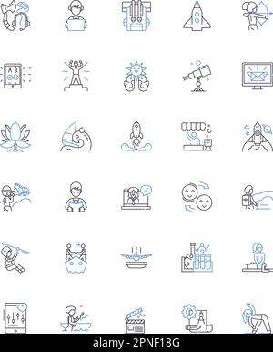 Adventure holiday line icons collection. Trekking, Safari, Rafting, Mountain-climbing, Surfing, Bungee-jumping, Canyoning vector and linear Stock Vector