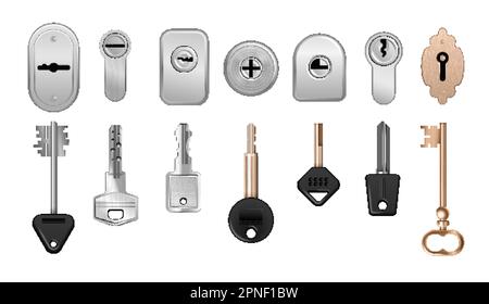 Realistic keys keyholes door locks icon set sets of locks with keys for different types of doors vector illustration Stock Vector