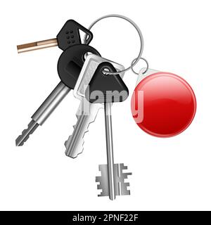 Realistic keys keyholes composition five different keys hang from ring with keychain to find the keys vector illustration Stock Vector