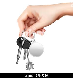Realistic colored keys keyholes concept human hand holds a keychain with a keychain vector illustration Stock Vector